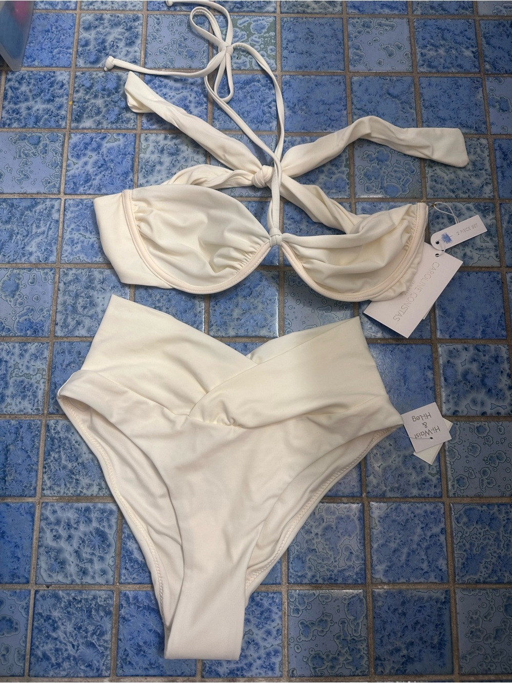 Caroline Constas Ivory Twist Halter Bikini Set